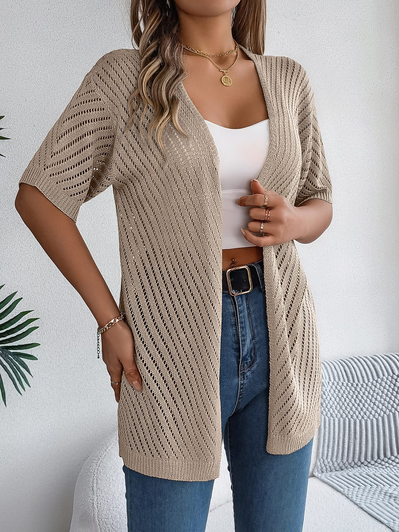 Women S Vertical Stripe Hollow Out Short Sleeve Knit Cardigan Cover-Up view 2