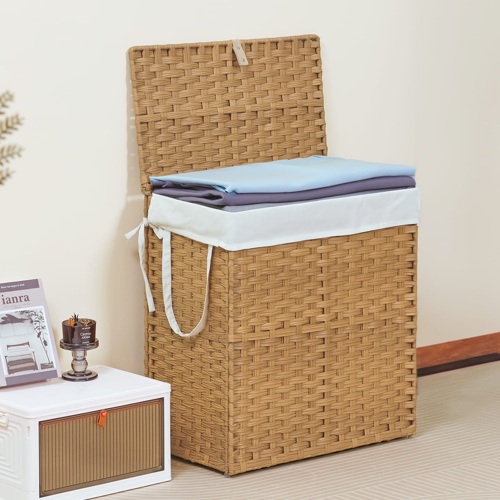 Laundry Basket With Lid, 110 L Hand-Woven Pp Rattan Laundry Basket With Compartments & Handles, Foldable, Removable Liner view 5