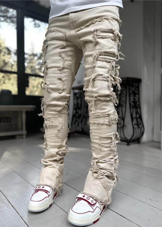 Ins Fringes Ripped Trousers Individual Patched Pants Long Tight Fit Stacked Jeans For Mens Clothing view 14