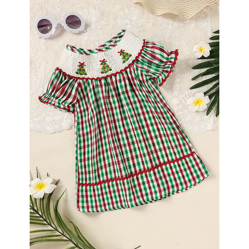 Toddler Infant Baby Girls Christmas Dress Short Sleeve Christmas Tree Embroidered Plaid Casual Party Dresses view 18