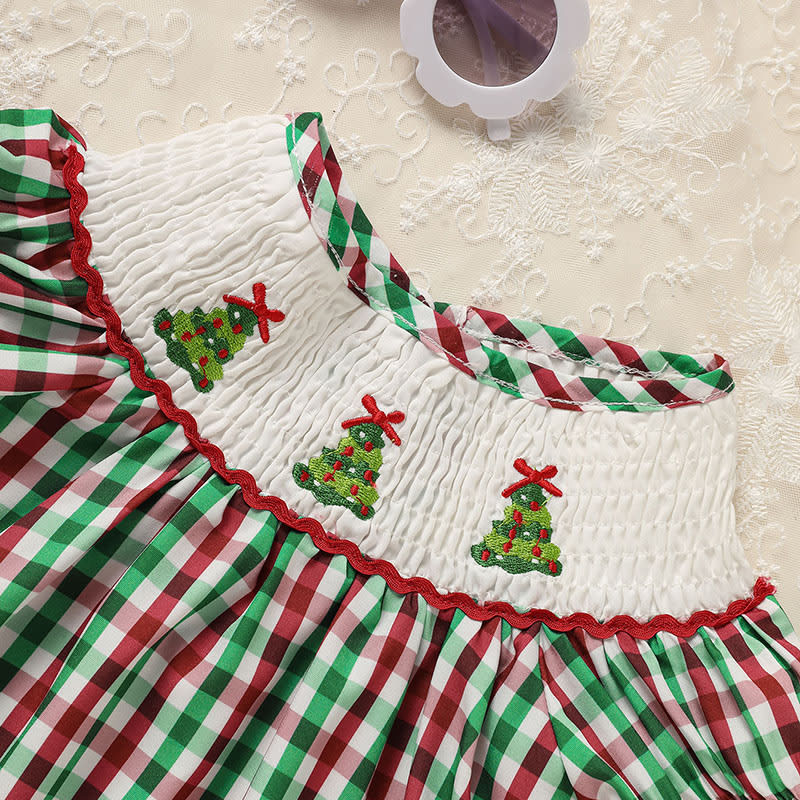 Toddler Infant Baby Girls Christmas Dress Short Sleeve Christmas Tree Embroidered Plaid Casual Party Dresses view 6