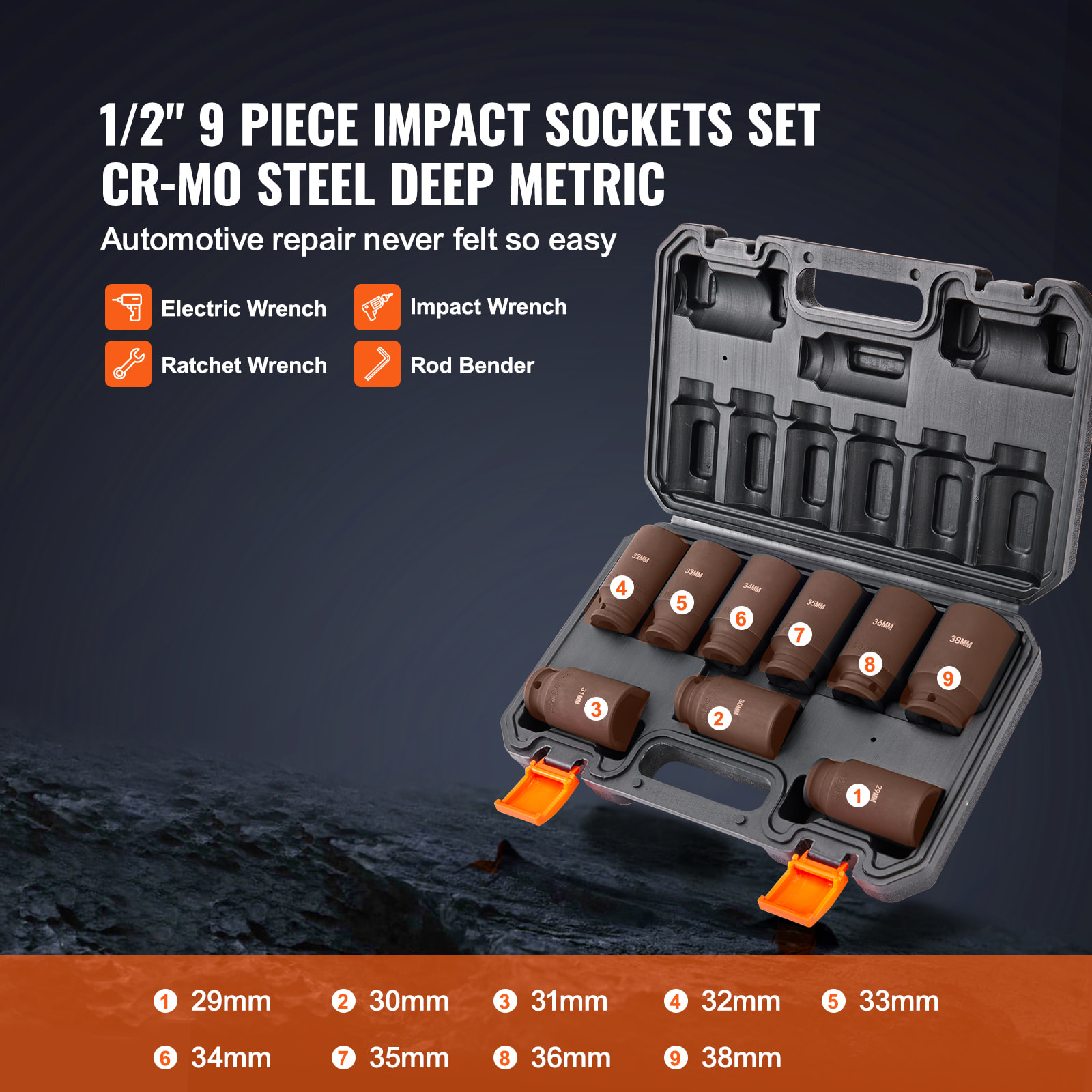 VEVOR Drive Impact Socket Set, 9 Piece Deep Socket Set Metric 29-38mm, 6 Point Cr-Mo Alloy Steel For Auto Repair, Easy-to-Read Size Markings, Rugged Construction, Includes Storage Case view 7
