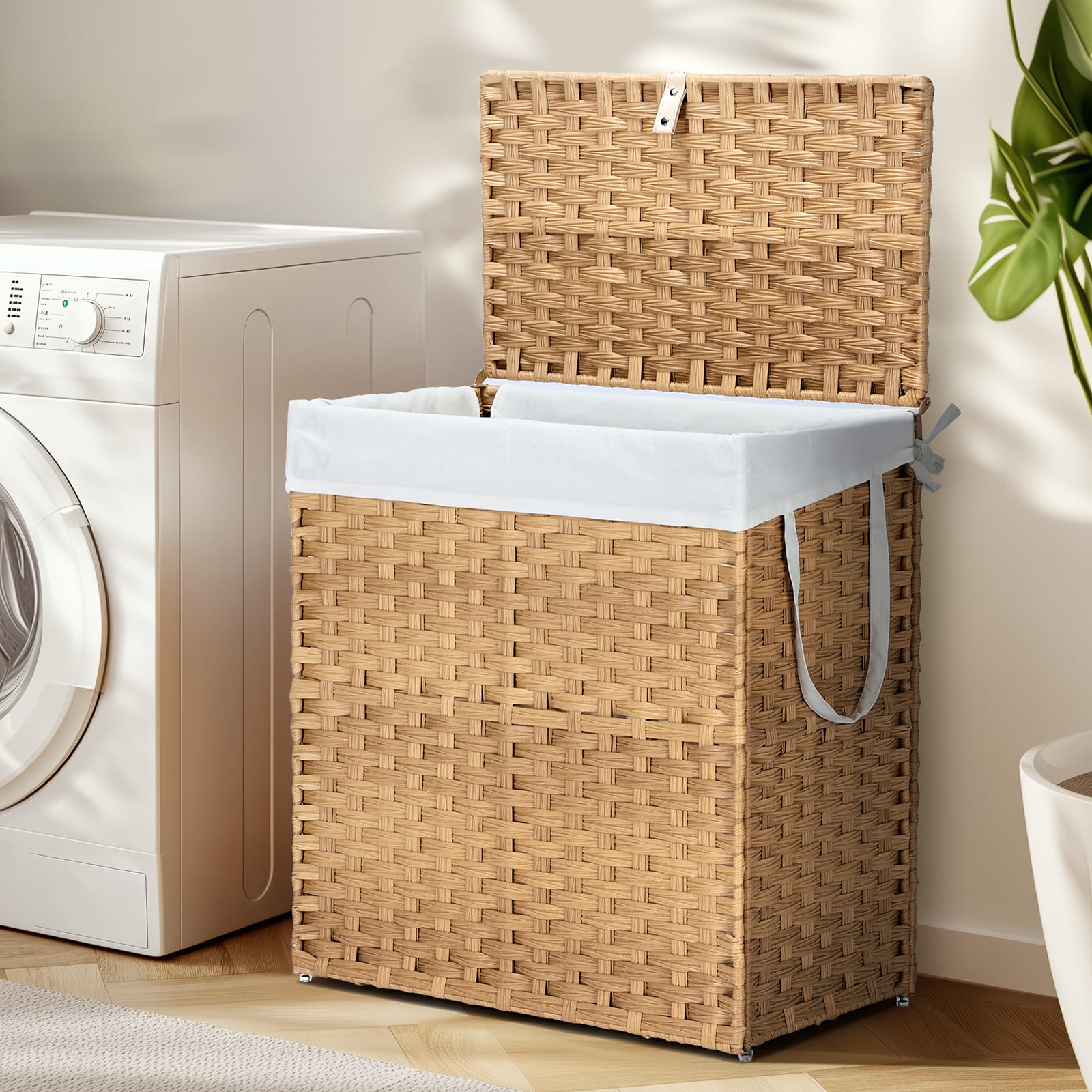 Laundry Basket With Lid, 110 L Hand-Woven Pp Rattan Laundry Basket With Compartments & Handles, Foldable, Removable Liner view 2