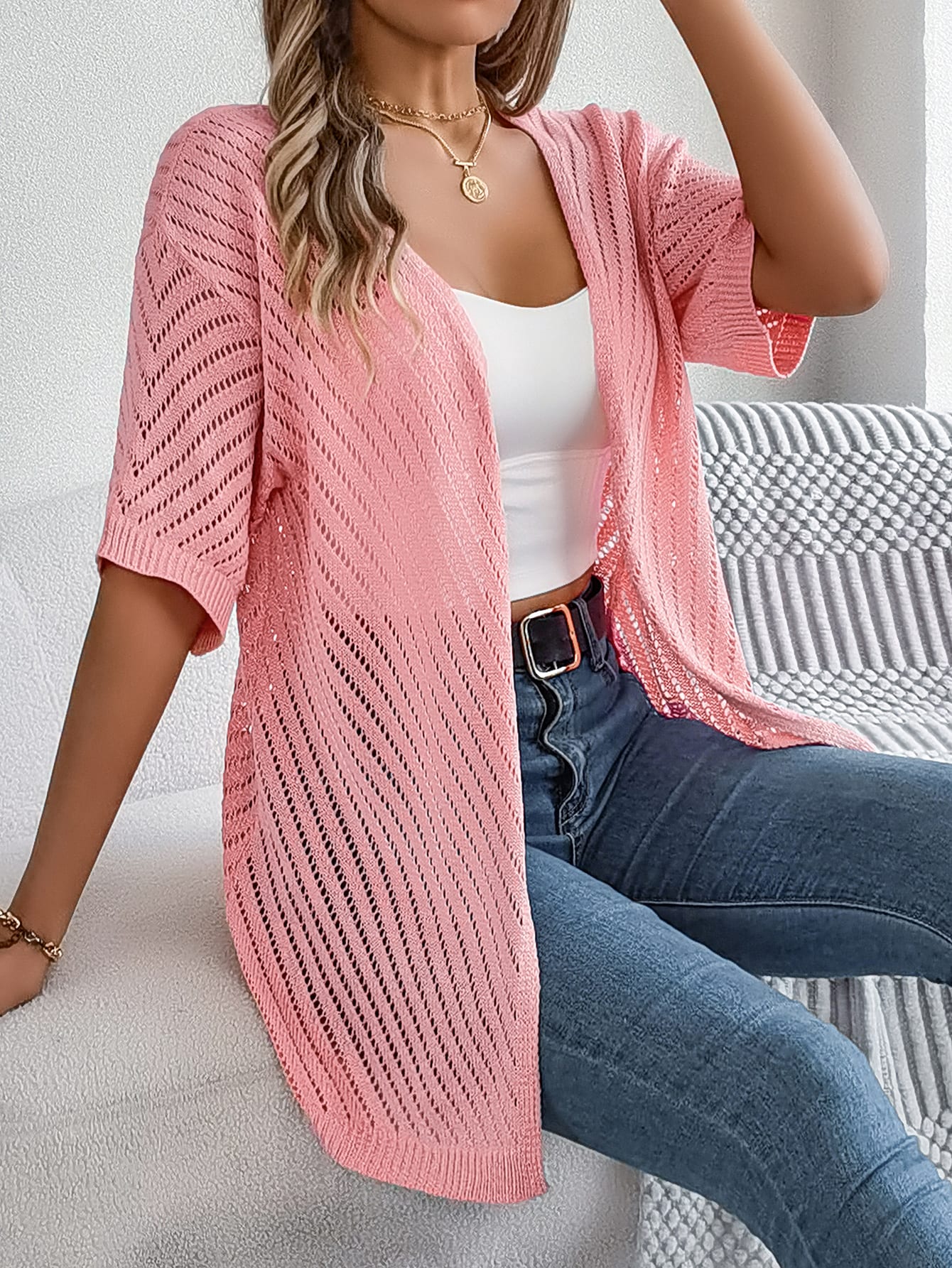 Women S Vertical Stripe Hollow Out Short Sleeve Knit Cardigan Cover-Up view 12