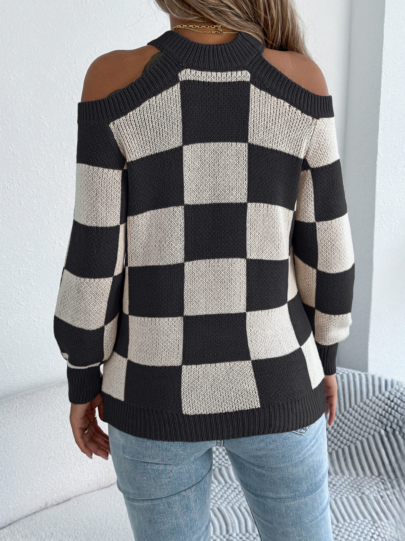 Women's Off-Shoulder Color-Blocked Plaid Lantern Sleeve Sweater view 1