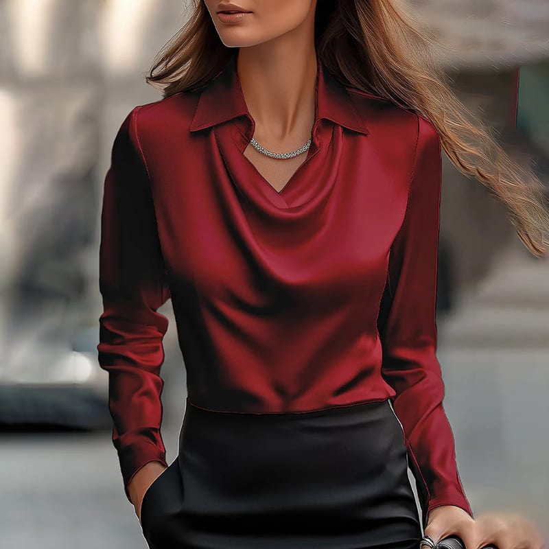 Women's Elegant Long Sleeve Blouse - Solid Color Lapel Top With Ruched Chest Detail Office & Casual Wear For Spring Fall view 17
