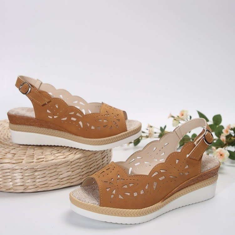 New Fish-mouth Wedge Sandals Summer Thick-soled Hollow Buckle Roman Shoes For Women view 5