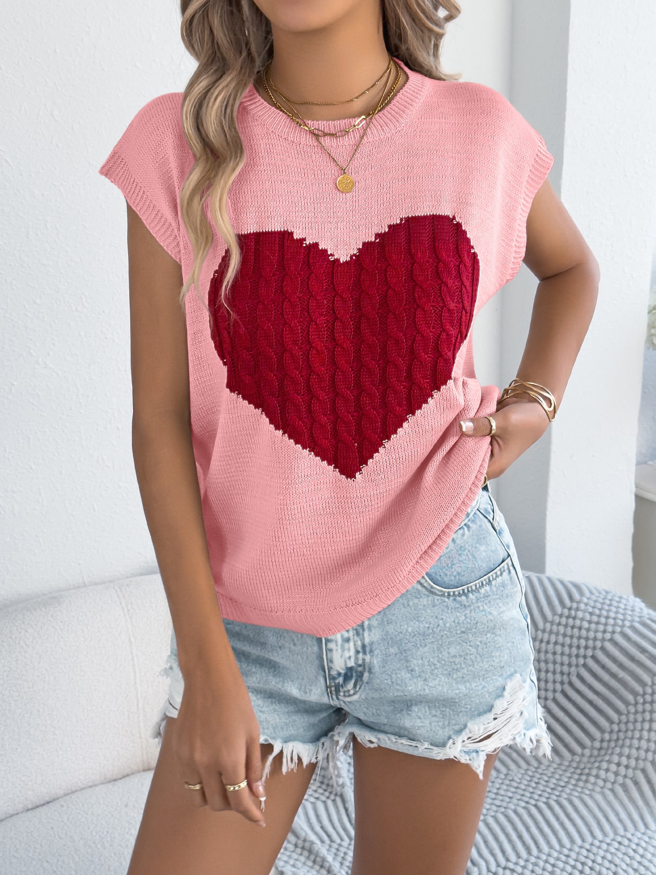 Women S Color Block Heart Loose Knit Valentine S Sweater Top view 16