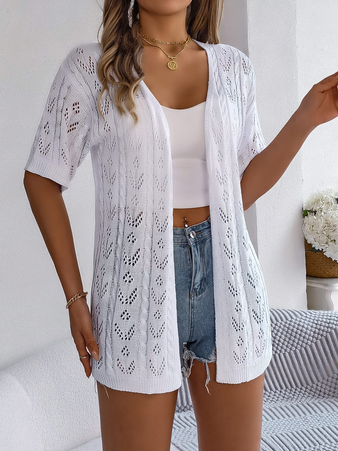 Women S Hollow Out Short Sleeve Knit Cardigan Vacation Cover-Up view 5