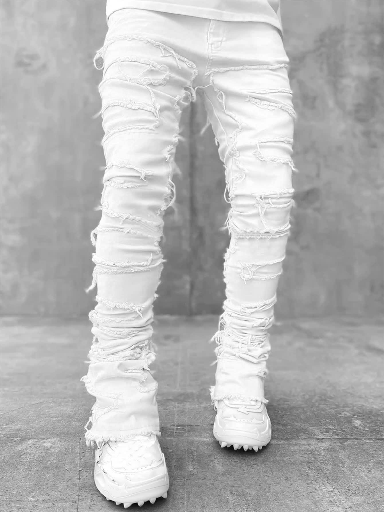 Ins Fringes Ripped Trousers Individual Patched Pants Long Tight Fit Stacked Jeans For Mens Clothing view 4