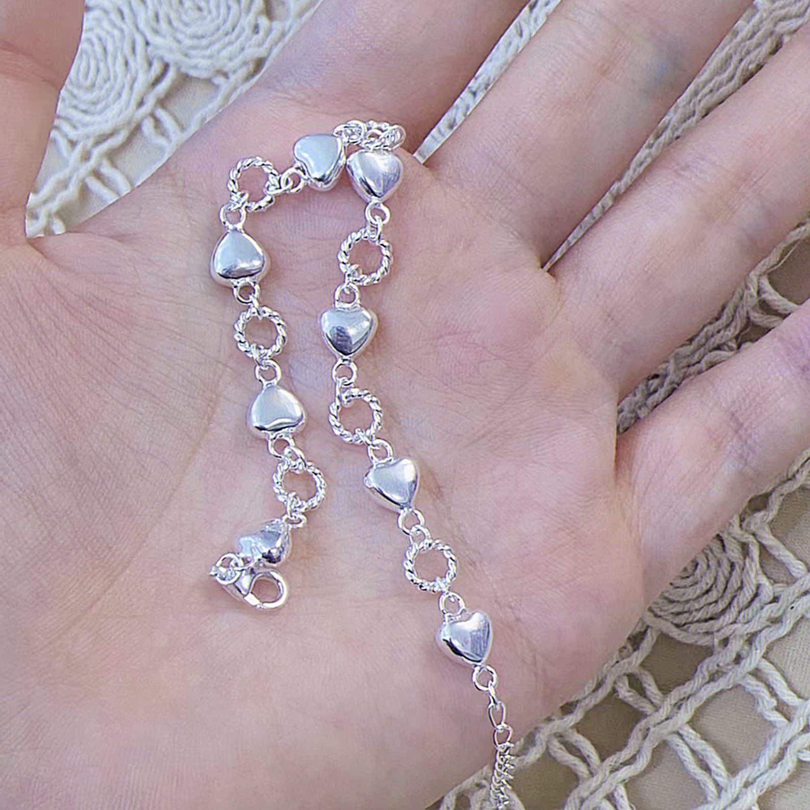 1pc 999 Sterling Silver Heart & Twisted Ring Link Bracelet, Sweet Minimalist Style, Perfect For Daily Wear & Valentine's Gifts view 3
