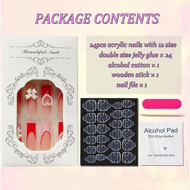 24 PCS Strawberry Bow Nail Art, Long Length Long Water Pipe Fake Nails,Square Head Nail Tips False Nail view 5