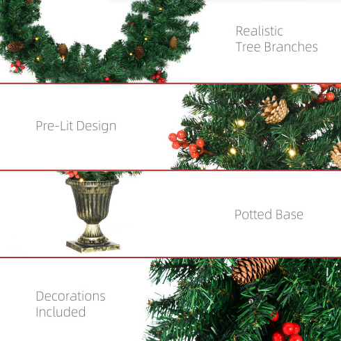 HOMCOM Prelit Holiday Christmas 4-Piece Set, Garland Wreath And Set Of 2 Entrance Trees With Warm White LED Lights, Red Berries, Pine Cones, Green view 10