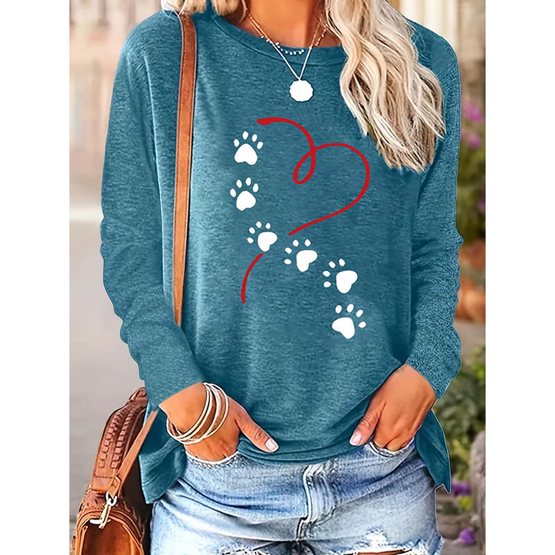 Women's Heart & Dog Paw Print T-shirt, Cute Crew Neck Long Sleeve Top For Spring & Fall view 7