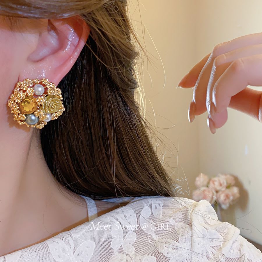 Silver Post Earrings With Classic Royal Court Style. Exquisite Flower Design Decorated With Diamonds And Pearls, Luxury, Unique And High-end For Daily Wear. view 1