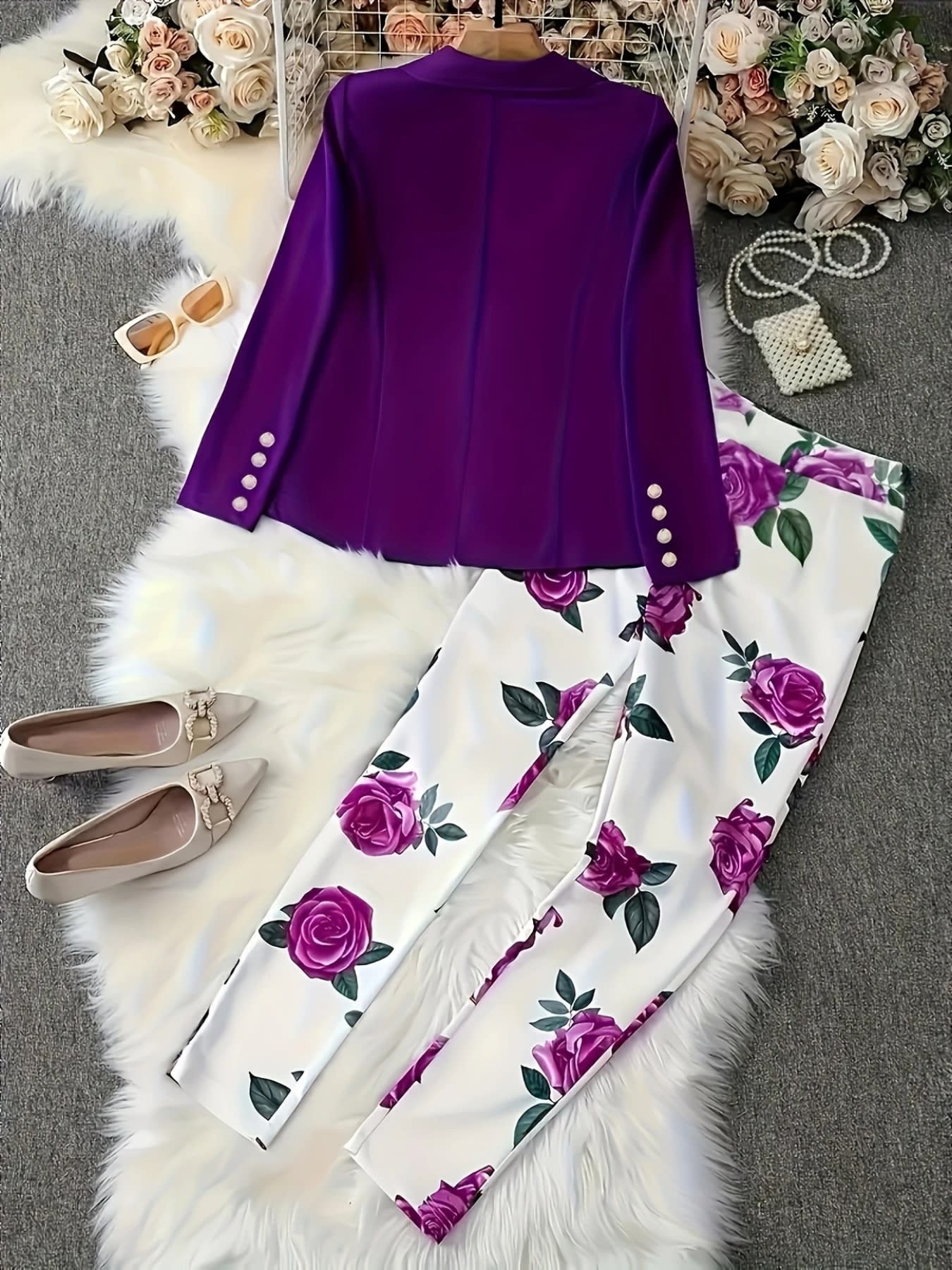 New Elegant And Fashionable Casual Floral Print Set, Double Breasted Purple Suit Jacket And Floral Print High Waisted Slim Pants, Spring And Autumn Women’s Clothing view 5
