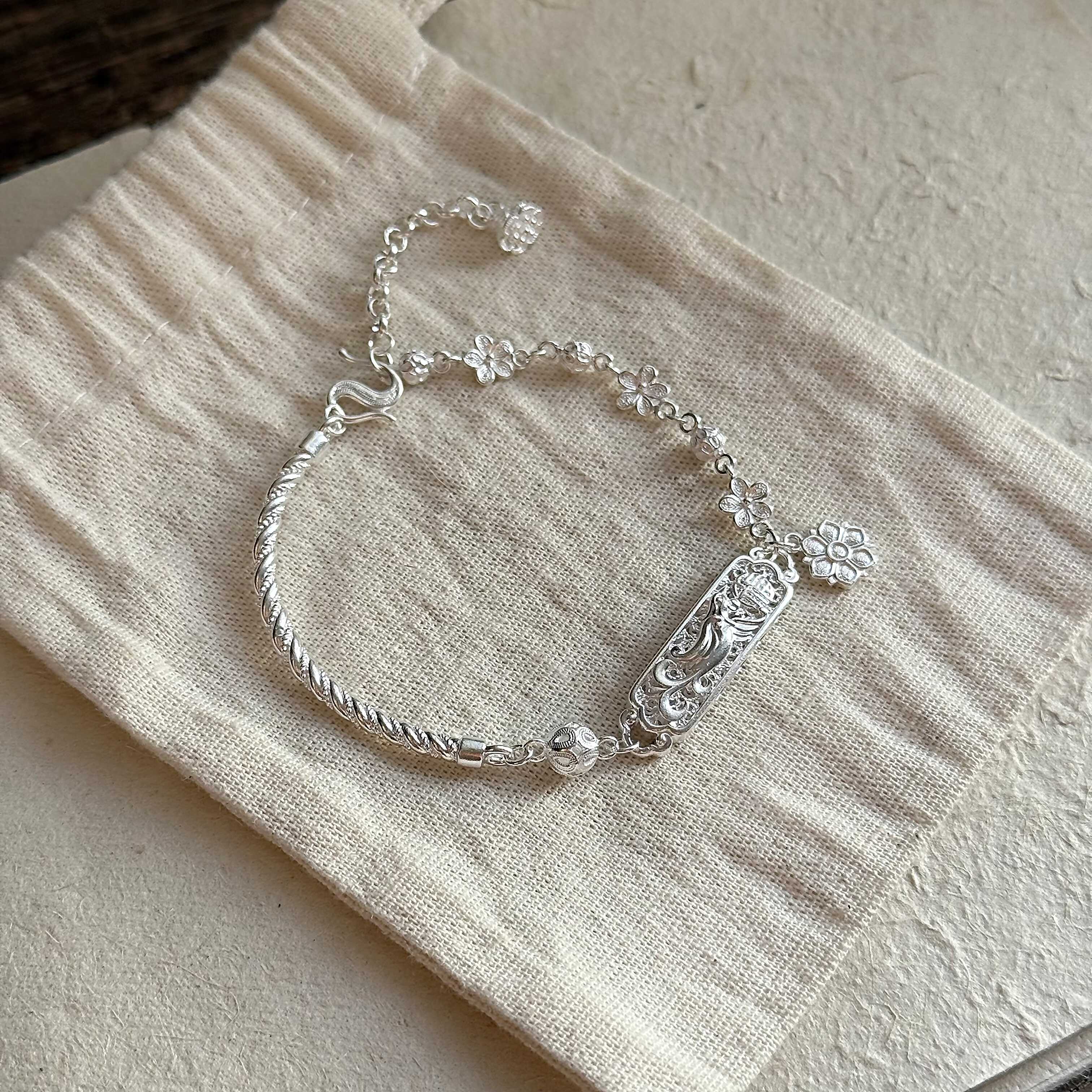 1pc 999 Sterling Silver Hollow Phoenix & Flower Bracelet, Retro Chinese Style, Perfect For Daily Wear & Valentine's Gifts view 9