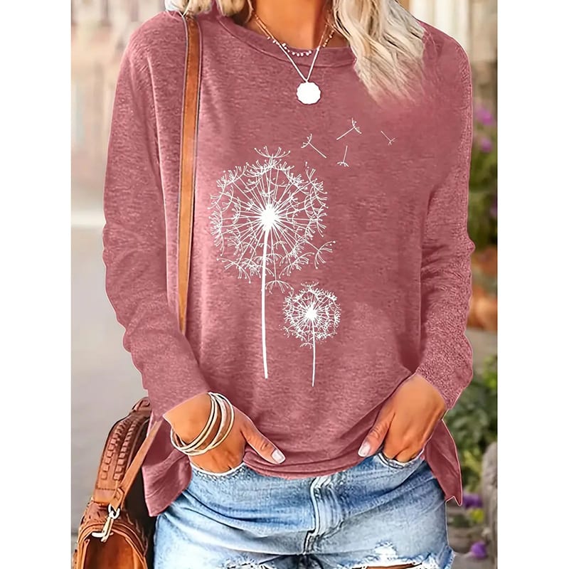 Women's Floral Print Crewneck Casual Long Sleeve T Shirt Pullover Graphic Tee view 2