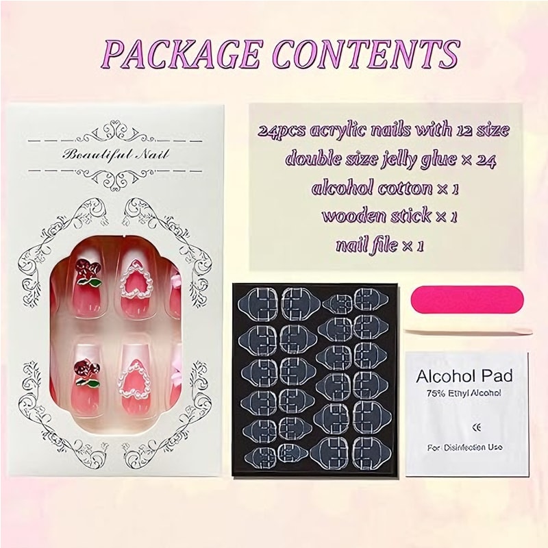 24 PCS Cherry Bow Nail Art, Long Length Long Water Pipe Fake Nails,Square Head Nail Tips False Nail view 3