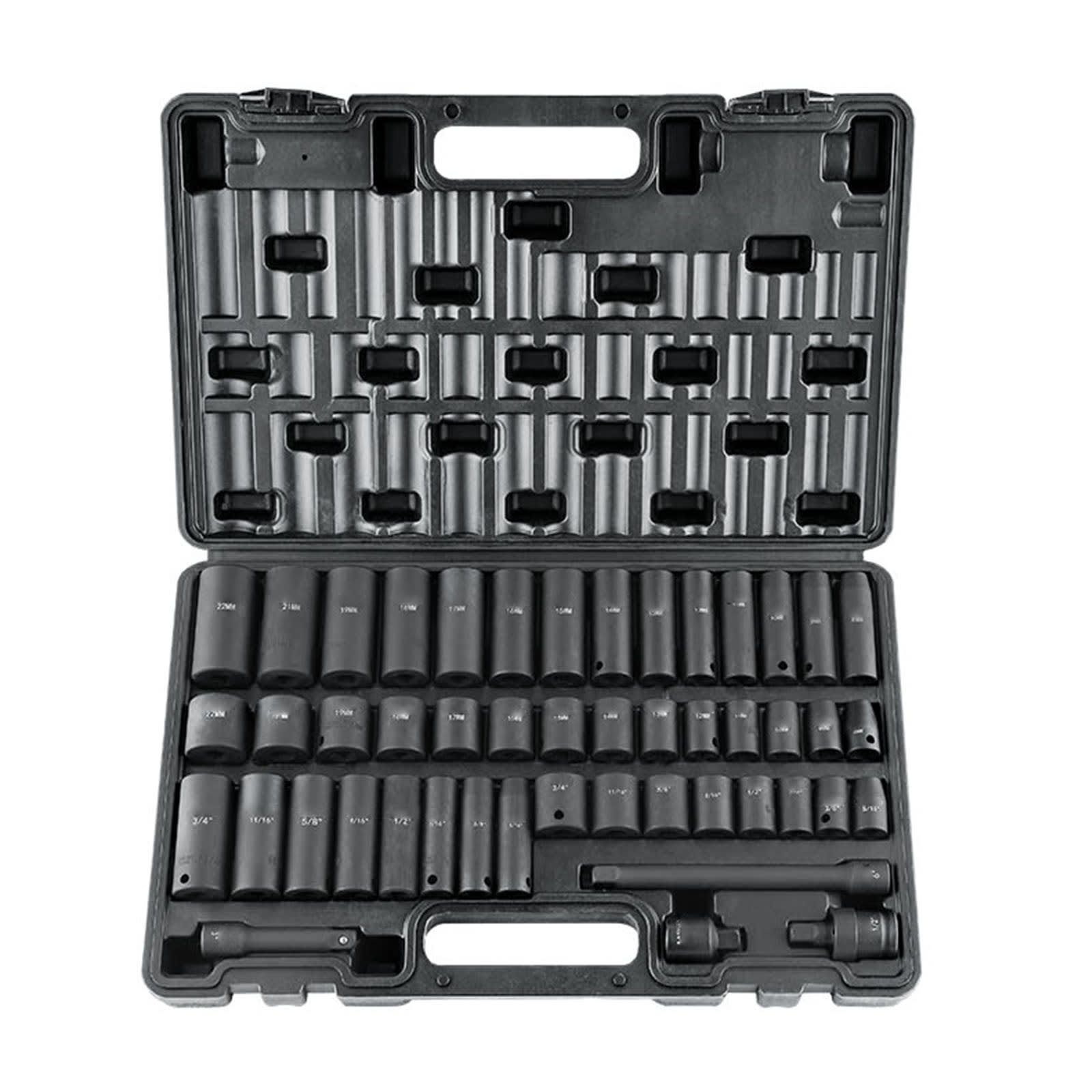 VEVOR Rive Impact Socket Set, 48 Piece Socket Set SAE  & Metric 8-22mm 6 Point Cr-V Drive Extension Bar Universal Joint & Power Drill Adapter Includes Storage Case view 5