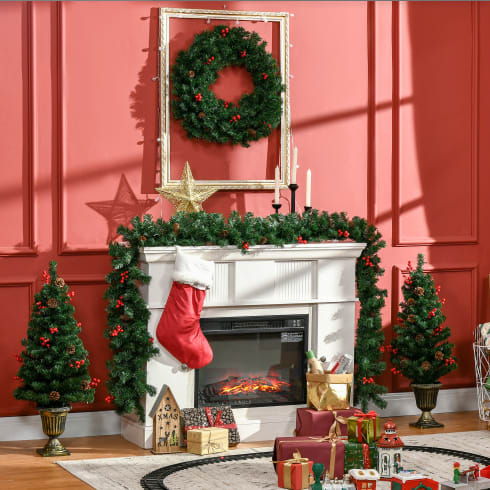 HOMCOM Prelit Holiday Christmas 4-Piece Set, Garland Wreath And Set Of 2 Entrance Trees With Warm White LED Lights, Red Berries, Pine Cones, Green view 7