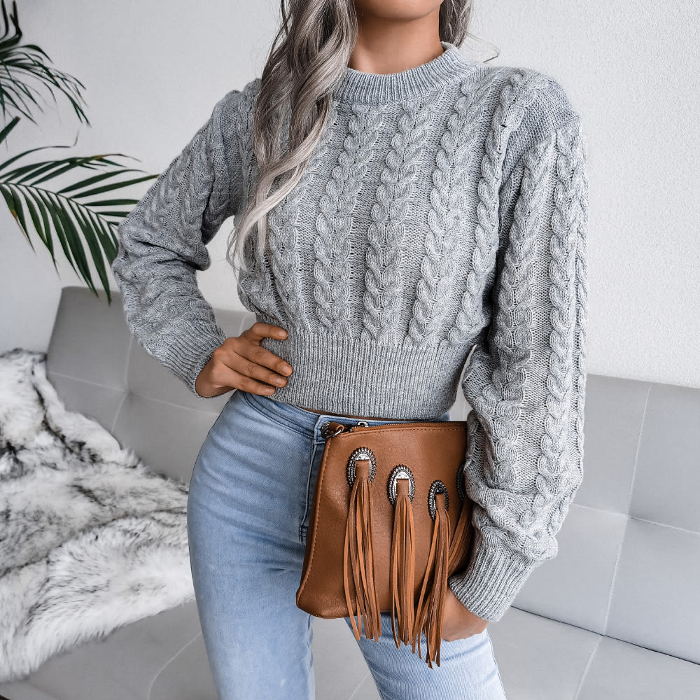 Cable Knit Waist Cinched Cropped Sweater view 11