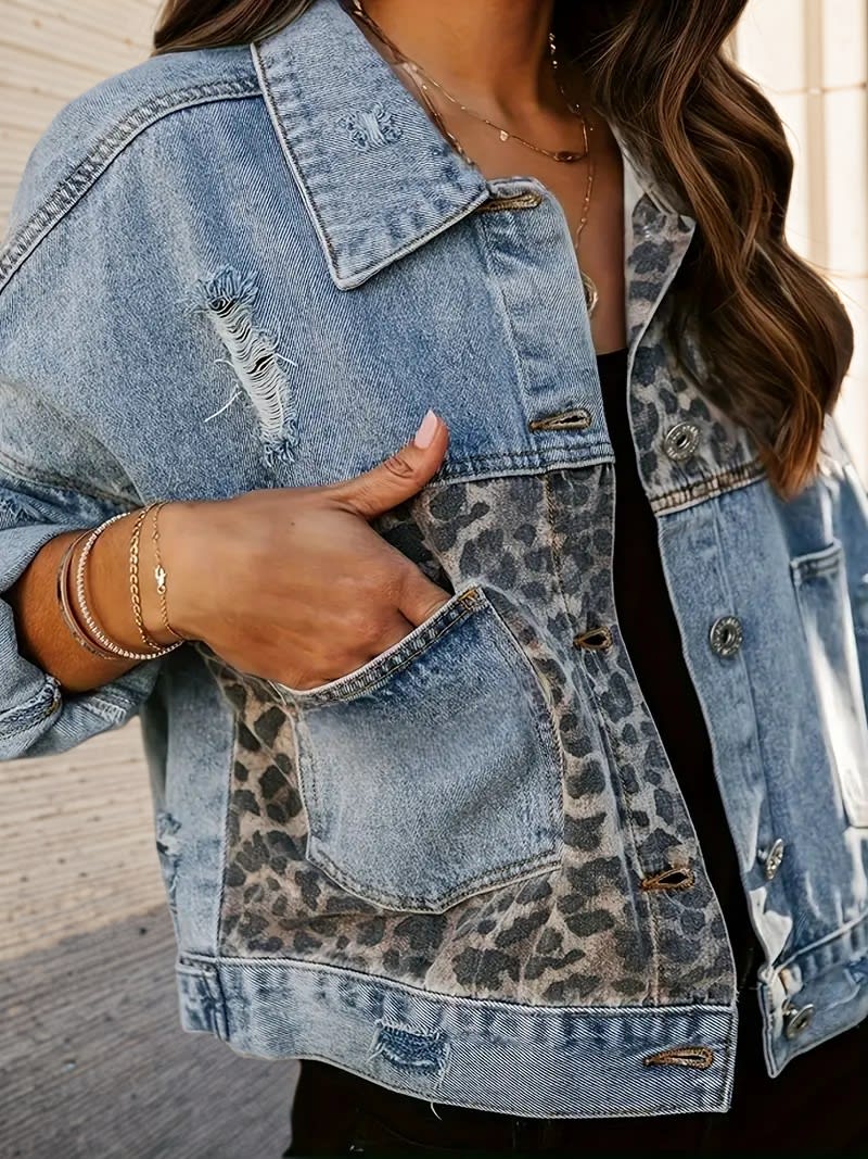 Wear And Tear Denim Jacket, Women’s Leopard Patch Short Jacket, Fashionable Street Outdoor Style, Women’s Leopard Print Denim Jacket, Cool And Casual view 5