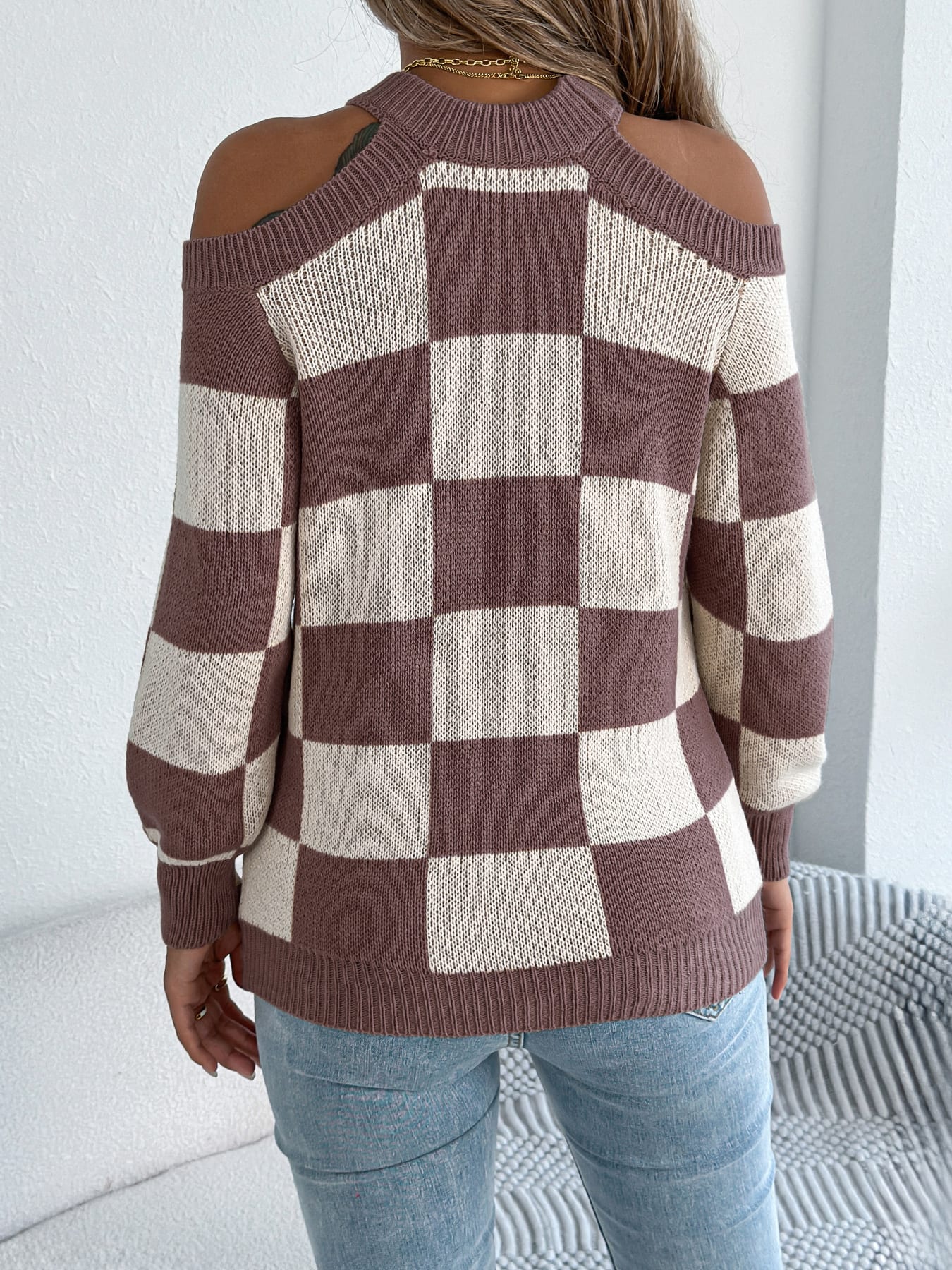 Women's Off-Shoulder Color-Blocked Plaid Lantern Sleeve Sweater view 14