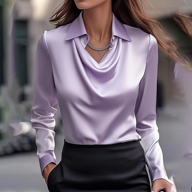 Women's Elegant Long Sleeve Blouse - Solid Color Lapel Top With Ruched Chest Detail Office & Casual Wear For Spring Fall view 9