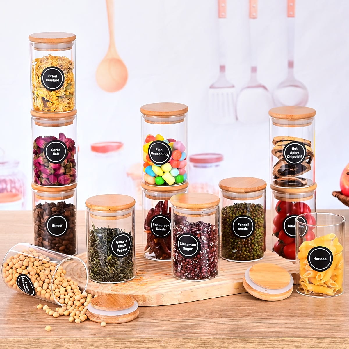 12 Pcs Round Spice Jars With Bamboo Lids And Stickers, Glass Storage Jars, Candy Jars, Coffee Jars, Salt Jars, Pepper Jars, Tea Jars view 11