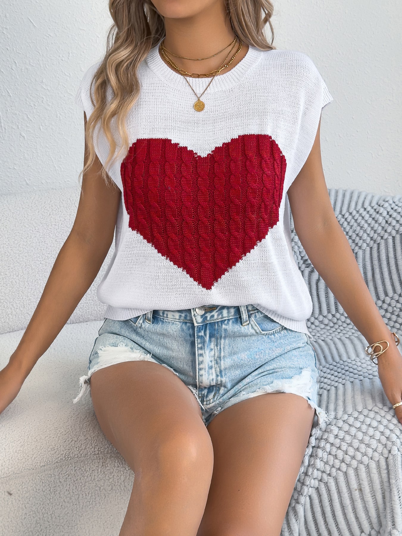 Women S Color Block Heart Loose Knit Valentine S Sweater Top view 17