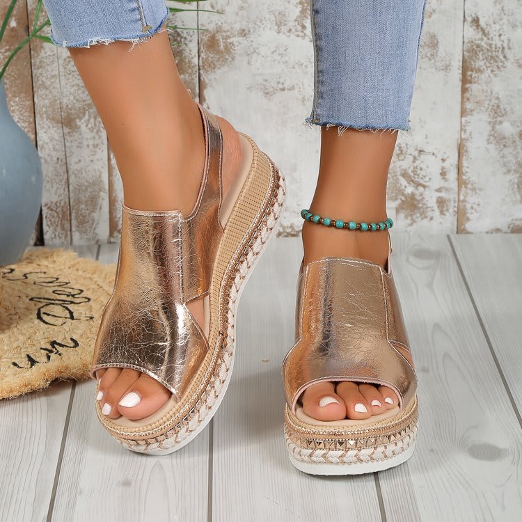 Summer Shiny Sandals Hollow Design Fish Mouth Sandal For Women Fashion Buckle Wedges Shoes view 5