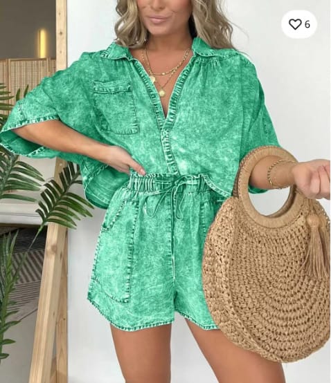 2pcs Loose Denim Suits Summer Casual Bat Sleeve Shirt And Drawstring Shorts With Pockets Women's Set view 9
