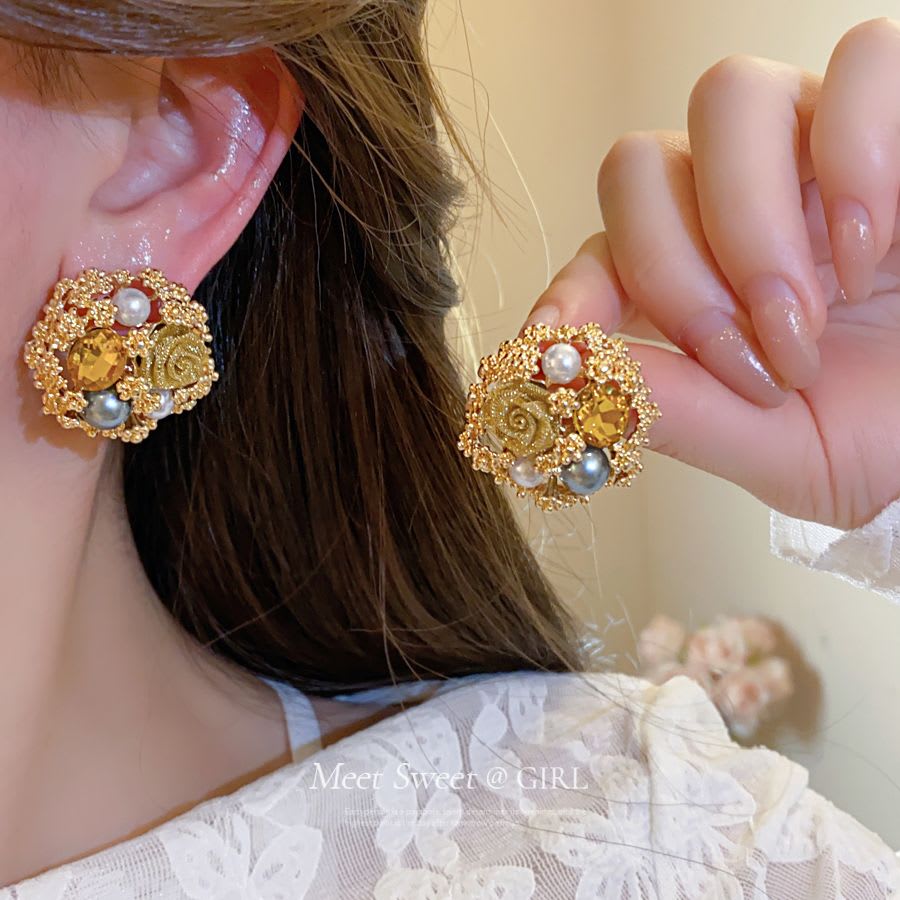 Silver Post Earrings With Classic Royal Court Style. Exquisite Flower Design Decorated With Diamonds And Pearls, Luxury, Unique And High-end For Daily Wear. view 6
