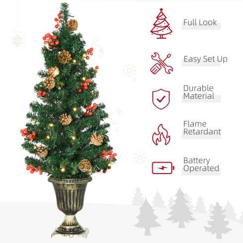 HOMCOM Prelit Holiday Christmas 4-Piece Set, Garland Wreath And Set Of 2 Entrance Trees With Warm White LED Lights, Red Berries, Pine Cones, Green view 3