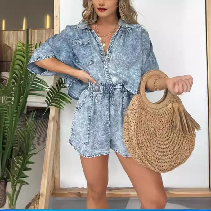 2pcs Loose Denim Suits Summer Casual Bat Sleeve Shirt And Drawstring Shorts With Pockets Women's Set view 6