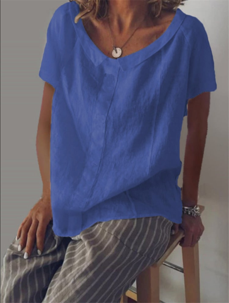 Round Neck Short Sleeve Cotton And Linen Pullover T-shirt