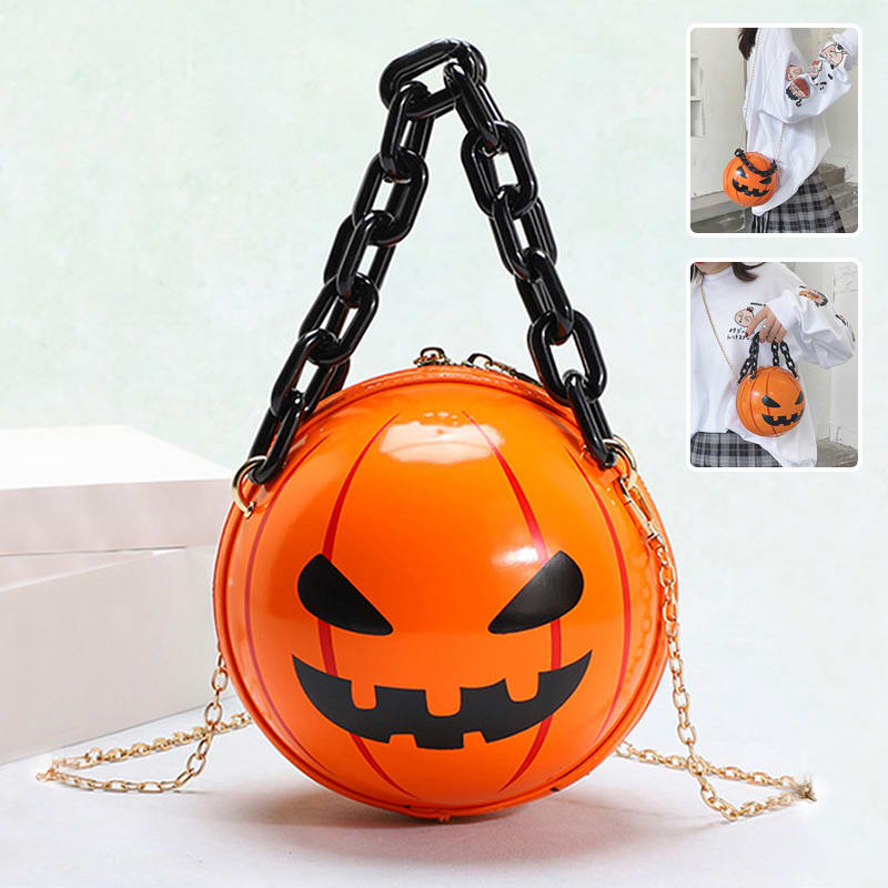 Halloween Cartoon Pumpkin Ball Handbags With Chain Personality Creative Funny Shoulder Bags For Kids Women view 6