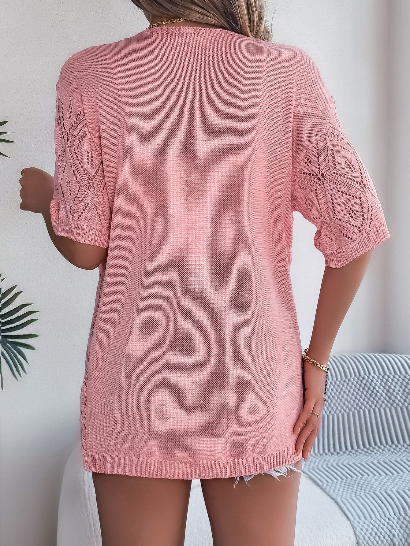 Women S Hollow Out Plaid Short Sleeve Knit Beach Cover-Up view 2