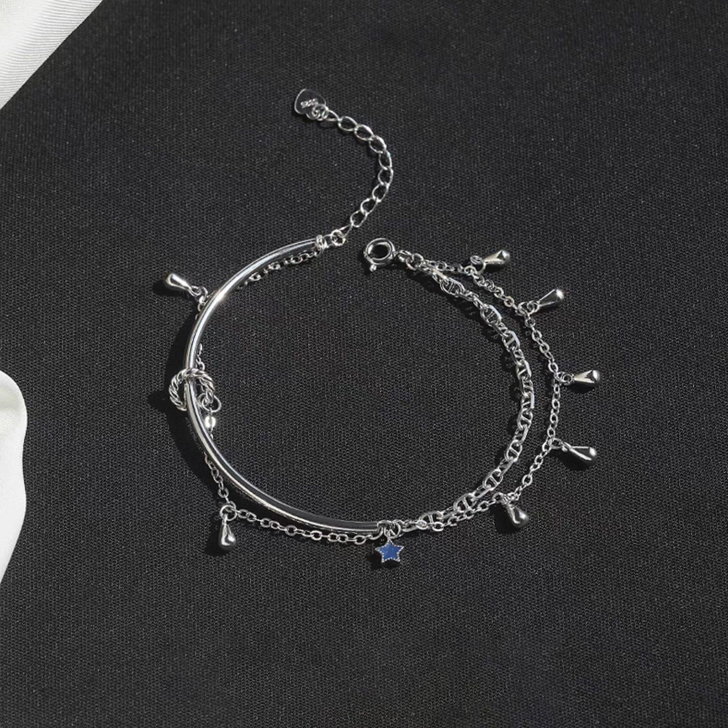 1pc 999 Sterling Silver Double-Layer Tassel Star Half-Bangle Bracelet, Trendy Style, Perfect For Daily Wear & Valentine's Gifts view 7