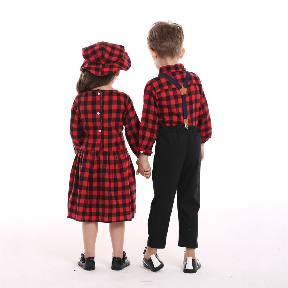 Christmas Sisters And Brothers Autumn Plaid Shirt Long Sleeve Bib Two Piece Set view 6