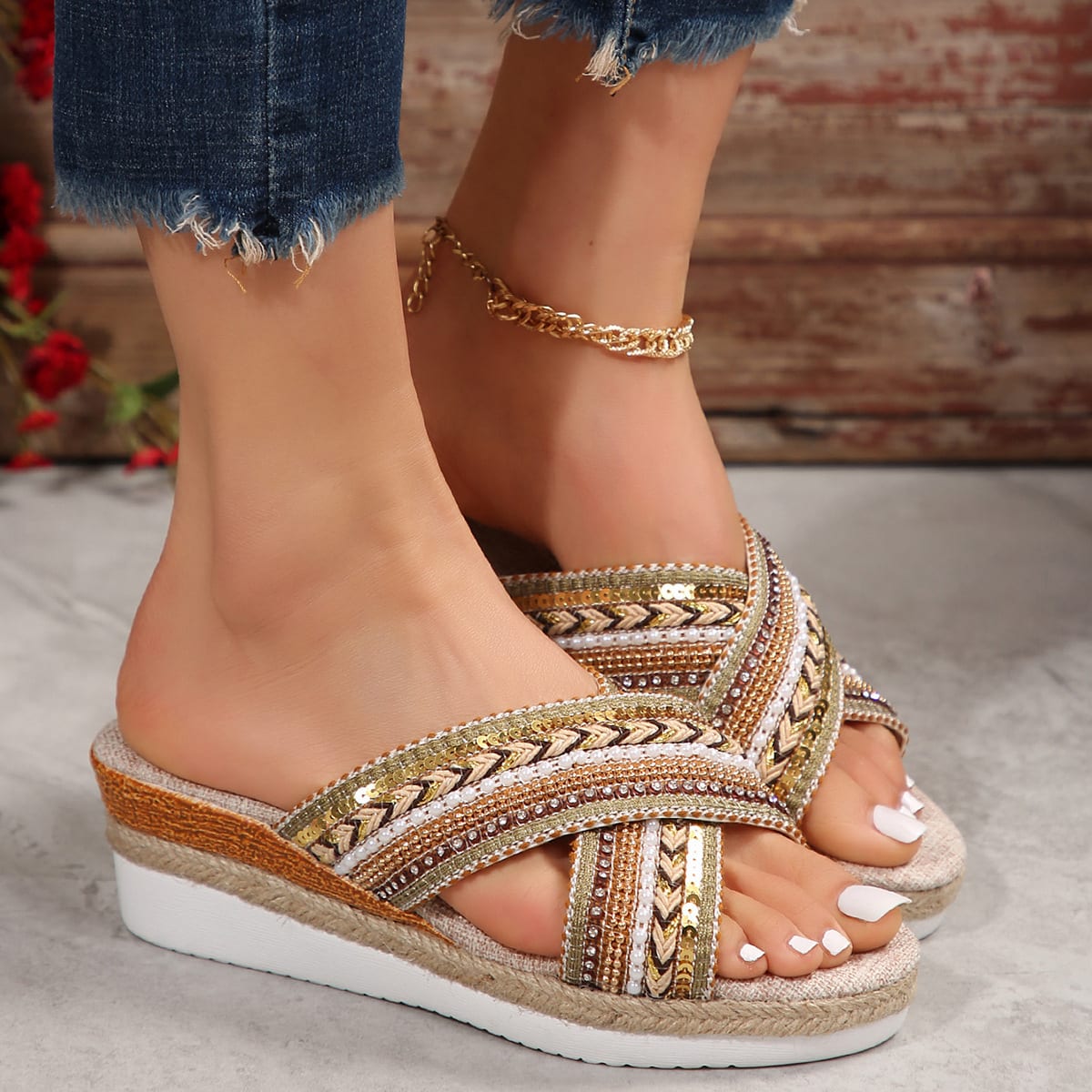 Linen Wedge Sandals Summer Ethnic Style Cross-strap Sandals For Women Non-slip Slides Beach Shoes view 3