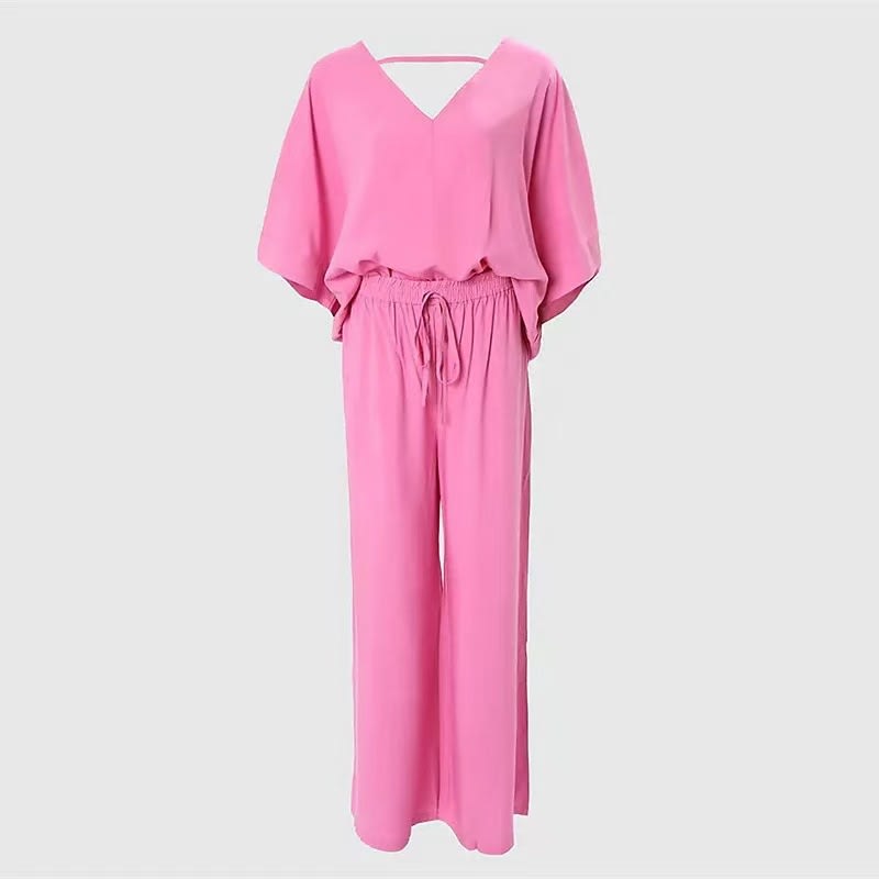 Women's 2 Piece Outfit, Casual Solid Color V-Neck Half Sleeve Top And Wide Leg Pants Lounge Set view 8