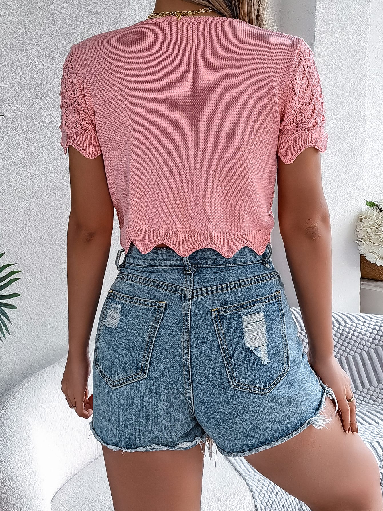 Women S Tie Front Hollow Out Short Sleeve Cropped Knit Cover-Up
