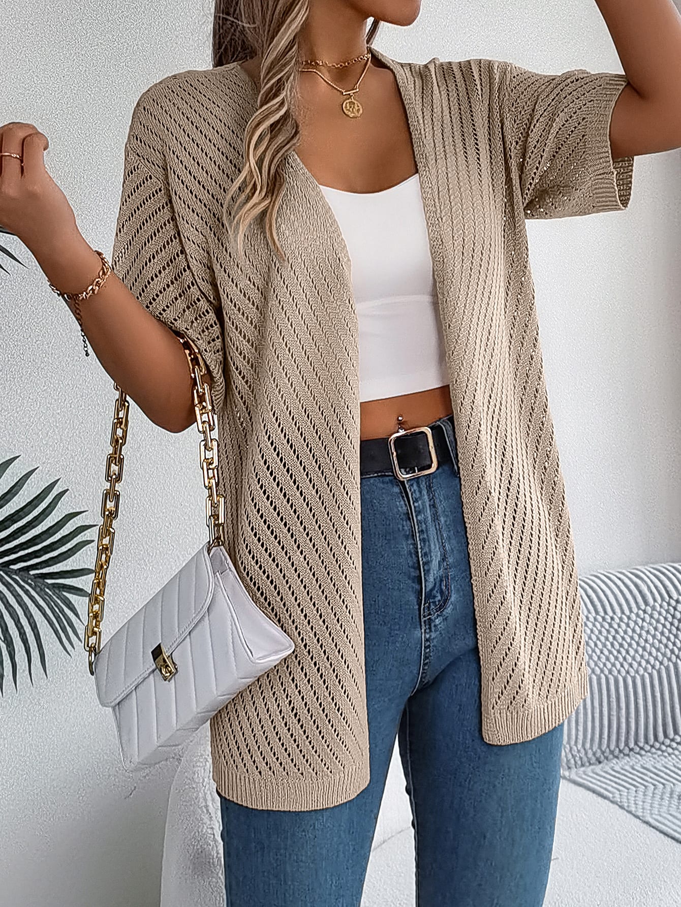 Women S Vertical Stripe Hollow Out Short Sleeve Knit Cardigan Cover-Up view 8