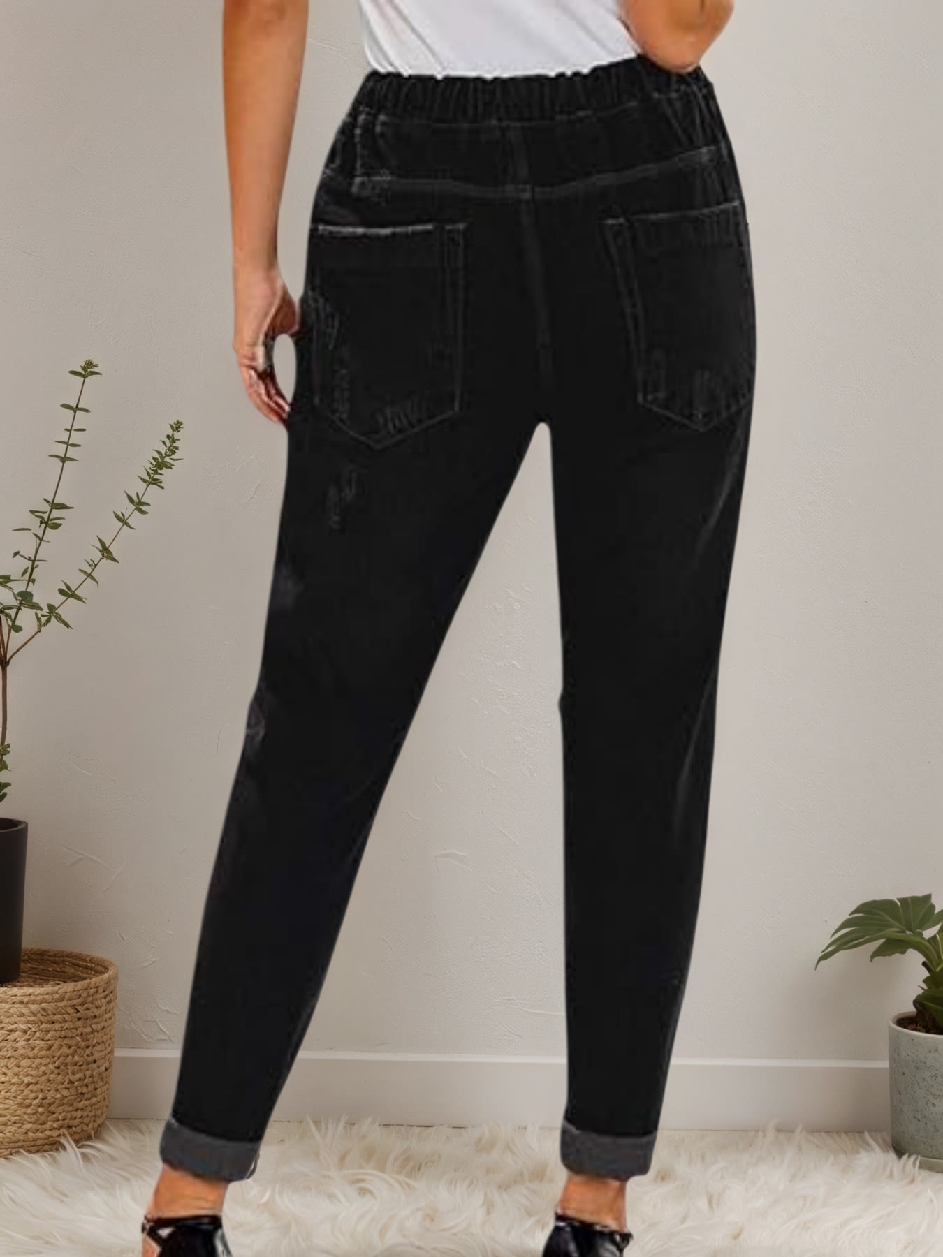New Women’s Casual Set Wearing Distressed Stretch Jeans, Elastic Waisted Jeans, Denim Jogging Pants view 5
