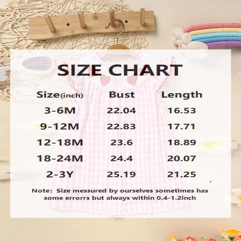 Toddler Girl's Short Sleeve Checkered Dress, Heart Embroidery & Ruffle Detail With Back Button Closure