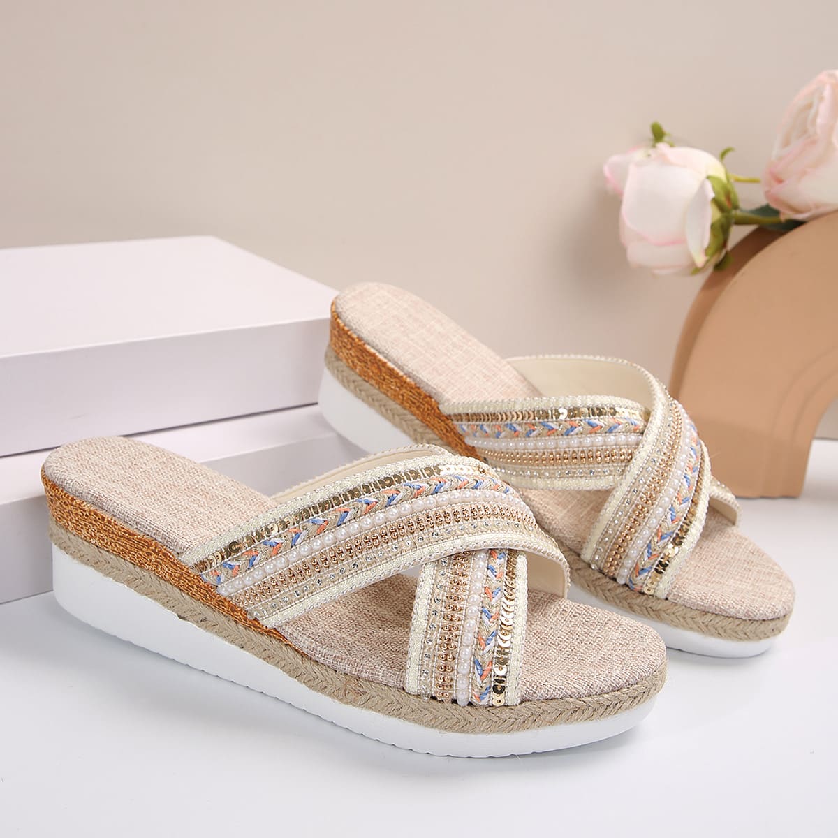 Linen Wedge Sandals Summer Ethnic Style Cross-strap Sandals For Women Non-slip Slides Beach Shoes view 4