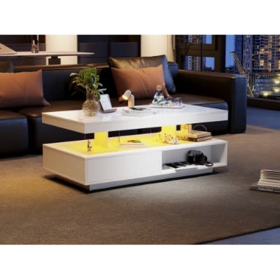 Led Coffee Table With 2 Drawer Storage, High Gloss Coffee Table For Living Room Open Storage Space Centre Table With 16-Color Led Lights,End Table For Home Office Furniture, White view 2