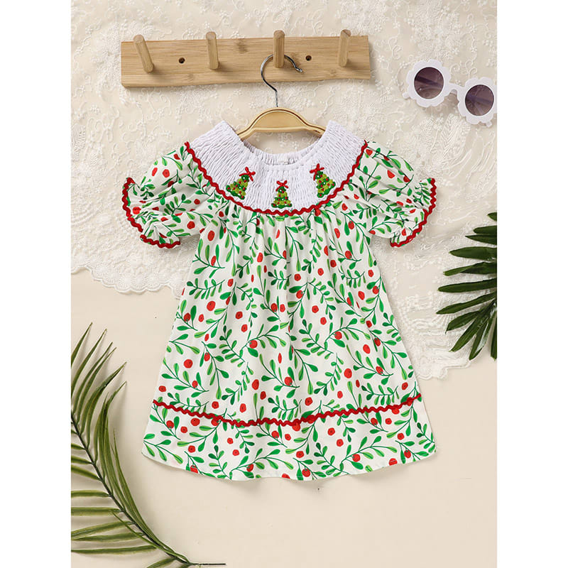 Toddler Infant Baby Girls Christmas Dress Short Sleeve Christmas Tree Embroidered Plaid Casual Party Dresses view 5
